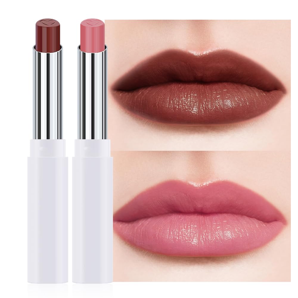 HHLTOH 2Pcs Tinted Lip Balm Moisturizing Lipstick – Waterproof Hydrating Matte Lip Balm for Women, Creamy Natural Color Stain for Dry Lips, Soft Matte Finish (#5 Deep Cherry Brown & #08 Alluring Pink)