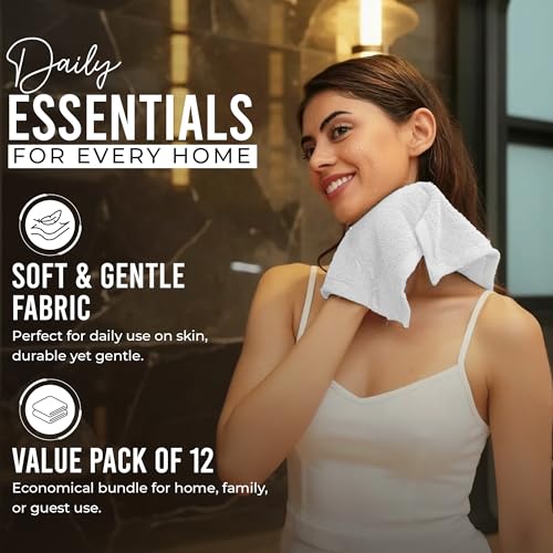 RIVERSIDE 12 Pack White Washcloths Set 12x12 Inches – Soft, Absorbent, Hotel-Quality Cotton