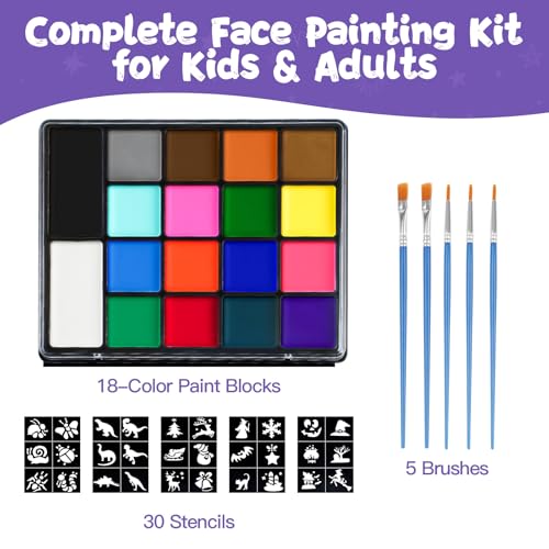 18-Color Face Painting Kit for Kids & Adults with Brushes and Stencils