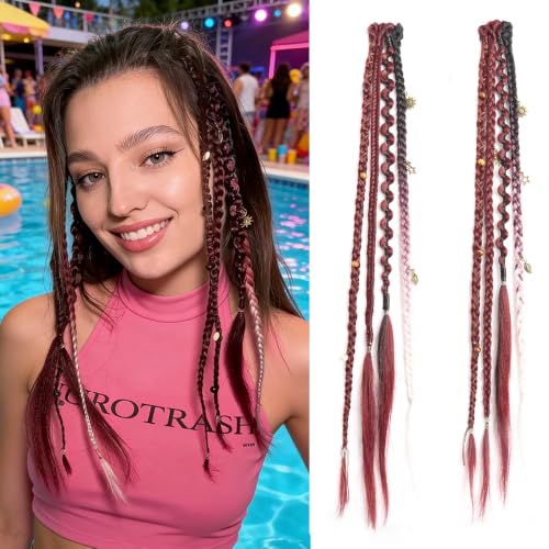 Eliza 16-Inch Boho Braid Hair Extensions - Burgundy & White Clip-In Set