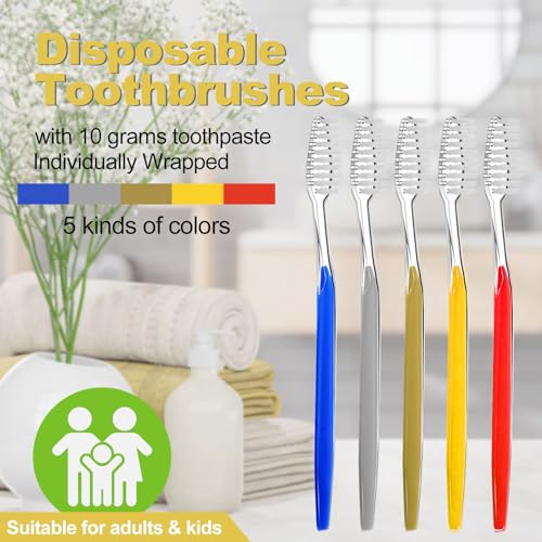 50 Individually Wrapped Disposable Toothbrushes with Mini Toothpaste - 5 Colors