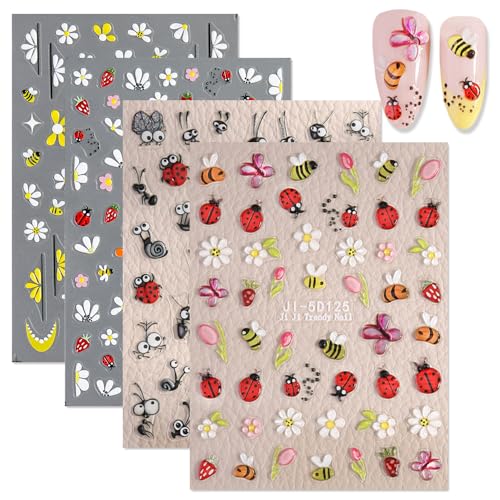 5D Embossed Nail Art Stickers - Bee, Ladybug & Flower Designs