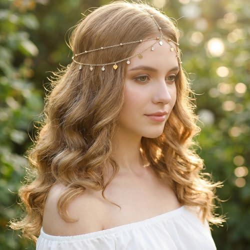 Gold Head Chain with Rhinestones & Sequin for Women Girls Egyptian Hair Accessories Festival Prom Wedding Bridal