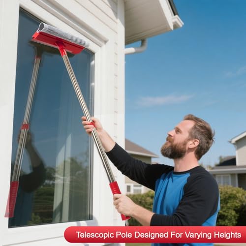 Retractable Window Squeegee with Stainless Steel Handle - 2-in-1 Cleaner for Cars, Glass Doors & Showers