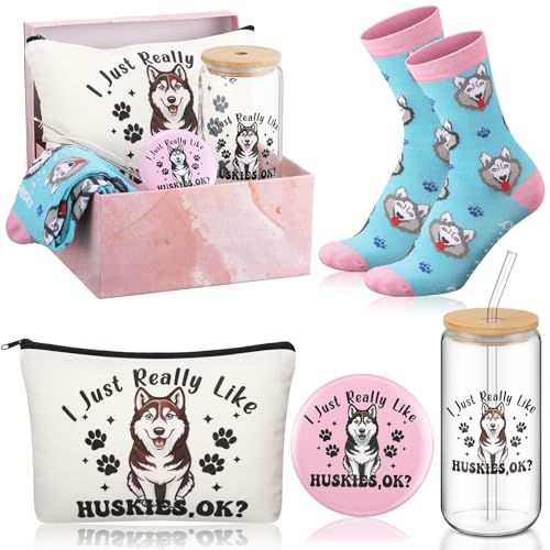 5-Piece Husky Dog Gift Set for Women - Glass Tumbler, Makeup Bag & Mirror
