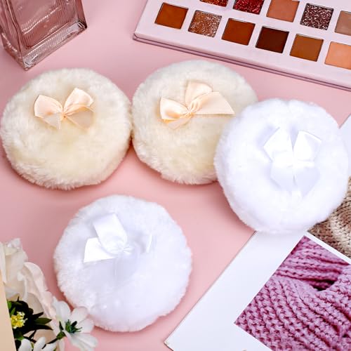 4 PCS Large Fluffy Makeup Sponges with Ribbon Handle - Beige & White