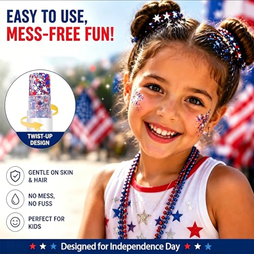 4th of July Body Glitter Stick (2PCS), Red White Blue Hair Glitter Stick, 250 Anniversary USA Merchandise, American Flag Makeup for Independence Day 250 Anniversary, Waterproof Face Glitter for Women