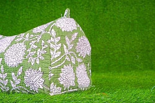 Light Green Floral Quilted Cotton Toiletry Bag for Women