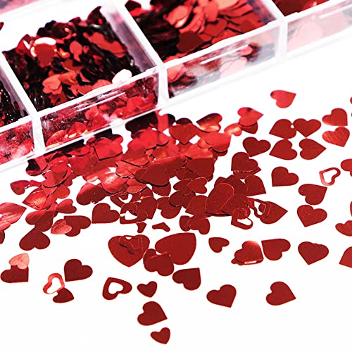 Colorful Valentine's Holographic Nail Art Glitters with Red Heart Charms - 12 Grids