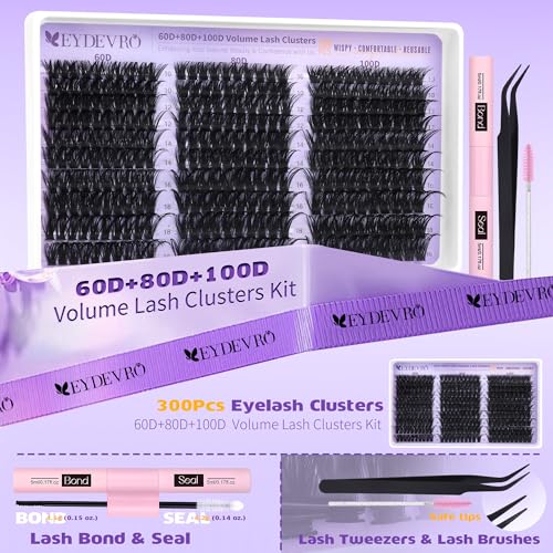 EYDEVRO Lash Clusters Kit 60D80D100D Volume Wispy Eyelash Extension Set with Bond & Tweezers