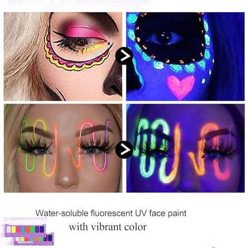 MEICOLY 2-Pack Water Activated Neon Face & Eye Paint Palette, 16 Colors - UV Glow, Matte, Hypoallergenic, Body & Face Makeup Kit