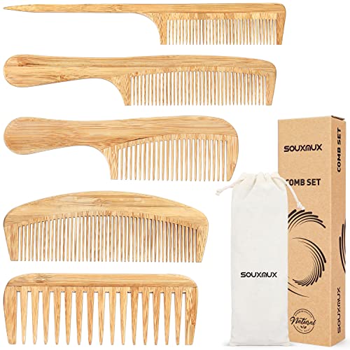 Natural Handmade Bamboo Hair Comb Set - Wide Tooth, Fine Tooth, Rat Tail for All Hair Types - SouxMux