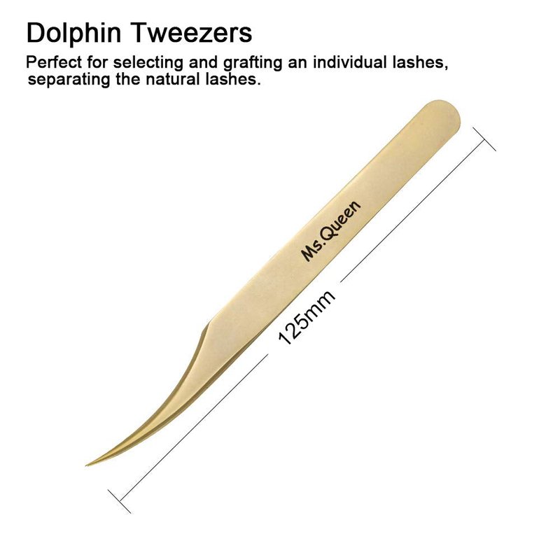 Ms.Queen Eyelash Extension Tweezers-Precision Tweezers for 2D-6D Volume&Individual False Lashes Extensions-Golden-Dolphin Tweezers