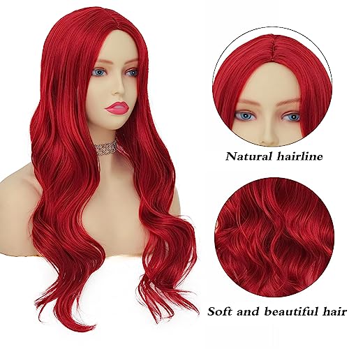 Long Red Curly Wavy Synthetic Wig for Halloween Cosplay and Daily Wear