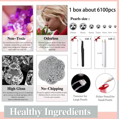 Mdscve 6100Pcs Nail Pearls Flatback Half Rounds with Tweezers & Picker Pencil – Silver