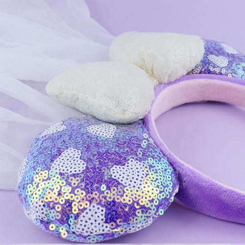 3D Purple Heart Bridal Mouse Ear Headband with Veil - LIHELEI