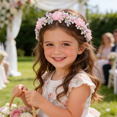 Campsis Pink Flower Headband with Pearls and Crystals for Girls & Women