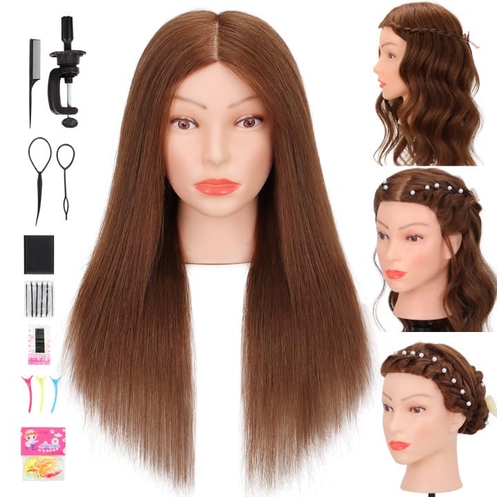 Real Human Hair Mannequin Head - Cosmetology Training Doll for Hair Styling, Cutting & Braiding | Dark Brown
