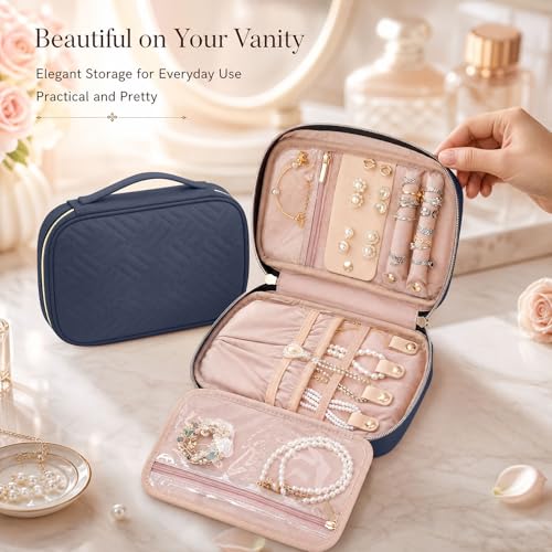 Travel Jewelry Organizer Case - Soft Polyester for Necklaces, Earrings, Rings & Bracelets - Compact Design in Blue