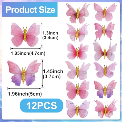 PAGOW 12 Pcs Pink Rhinestone Butterfly Hair Clips for Women, Gradient Moving Fairy Hair Accessories