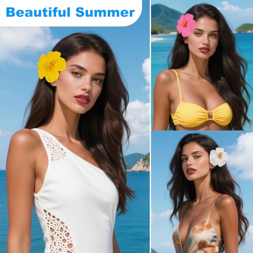 Hawaiian Flower Hair Clips - 4 Pcs Plumeria & Hibiscus, 3.5 Inch