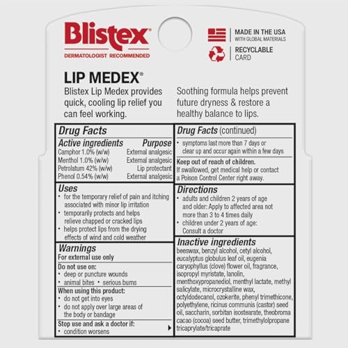 Blistex Lip Medex Stick 0.15 oz - Pack of 3, Hydrating Medicated Lip Balm with Cooling Relief