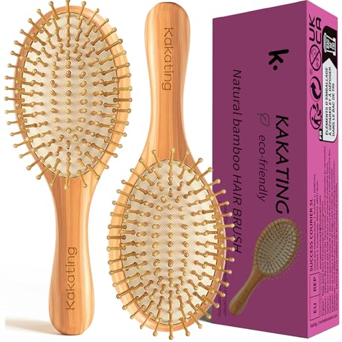 Kakating Bamboo Hair Brush Set - 2 Pack Natural Wooden Detangling Brushes