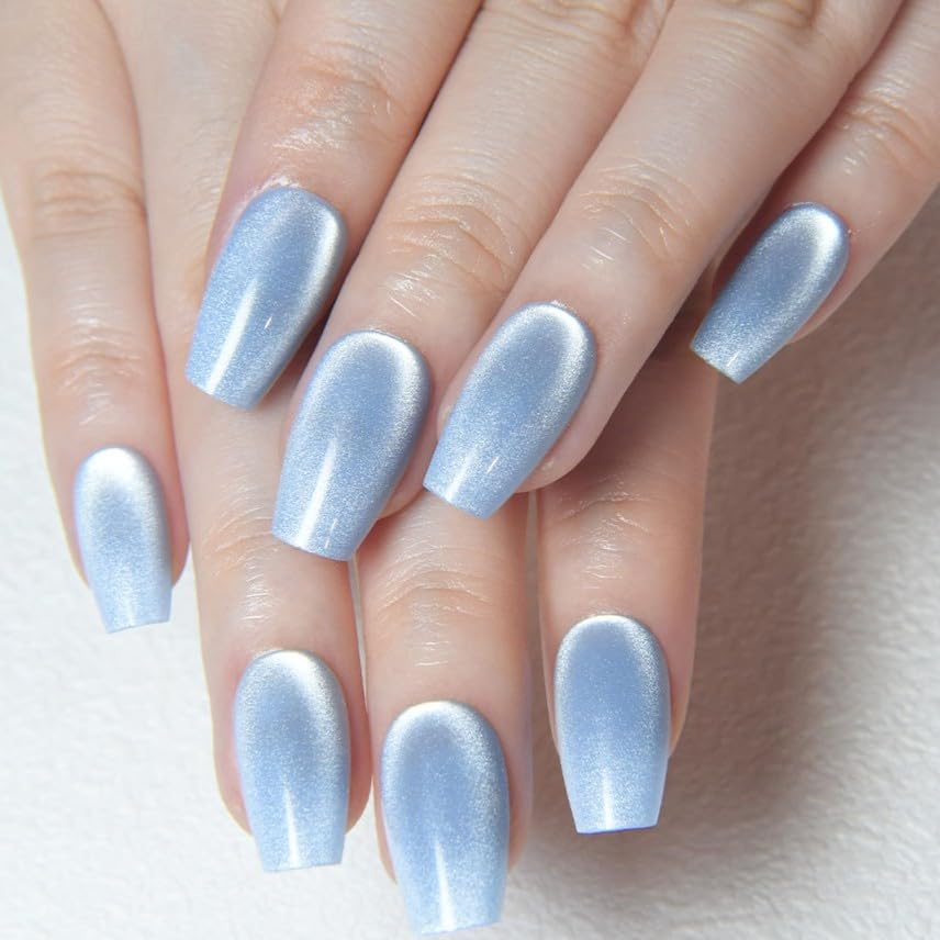 Aqua Blue Cat Eye Press-On Nails - Medium Square Chrome Design | Holographic Glitter Gel Acrylic Reusable