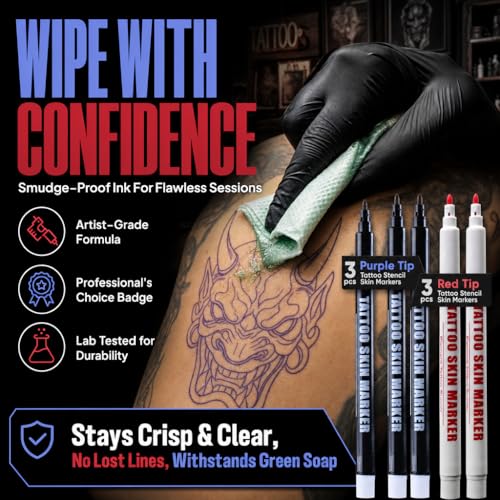 Element Tattoo Supply 6 Pack Body Markers in Red & Purple - Bold Tip Skin Pens for Temporary Tattoos & Body Art