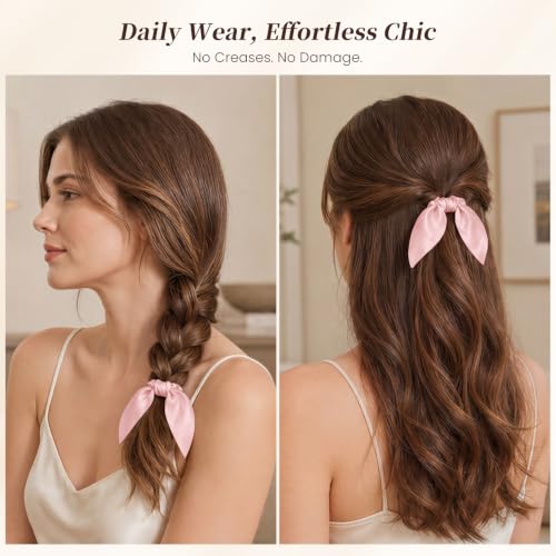 THXSILK 100% Pure Mulberry Silk Hair Scrunchies with Bow - 3 Pcs in Champagne, Grey, Charming Pink