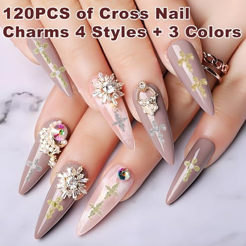 120Pcs Cross Nail Charms Set for DIY Manicure Gold Silver Black Jewelry Accents