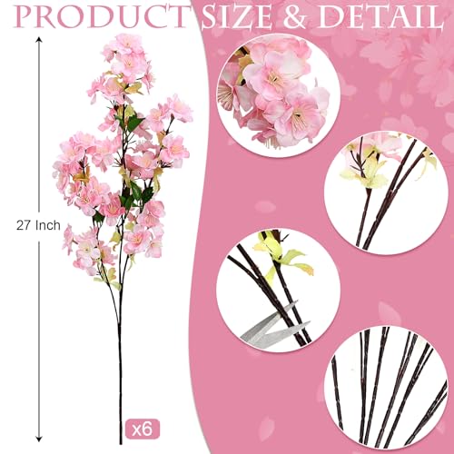 6-Pack Pink Artificial Cherry Blossom Branches - 27" Faux Silk Flowers for Home Decor