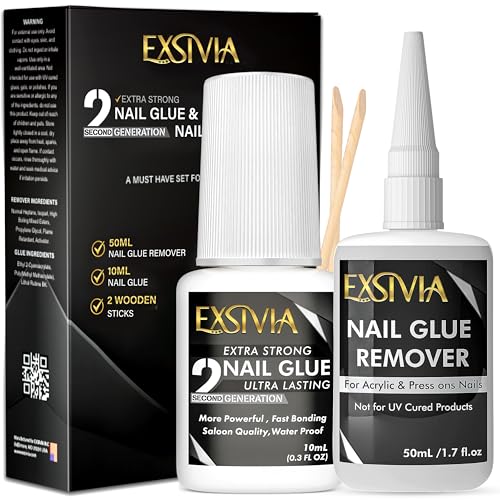 EXSIVIA Strong Nail Glue Kit - 10ml Adhesive & 50ml Remover