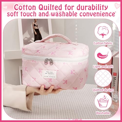 3pcs Pink Slimbow Cotton Quilted Makeup Bag Set for Travel