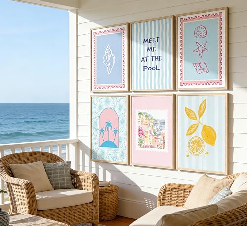 Coastal Wall Art Set - 6 Pcs Pink Blue Seashell Canvas Prints, 8x10