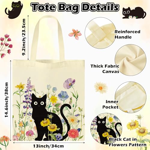 Black Cat Canvas Bag Set for Women - 3 Pcs Tote & Makeup Pouch