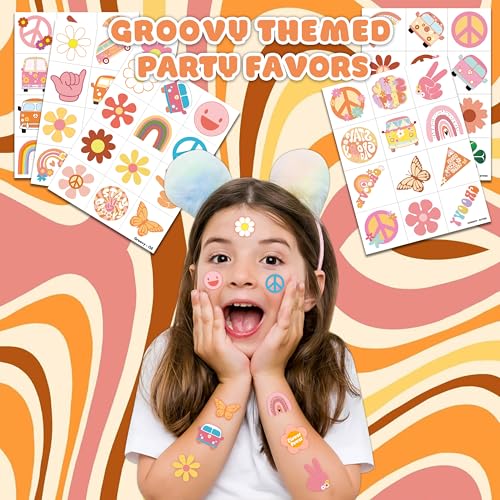 60 Pre-Cut Retro Temporary Tattoos for Kids - Groovy Hippie Theme