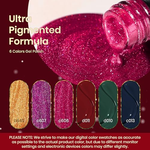Beetles Gel Nail Polish Set - Boujee Gala Collection, 6 Colors, Burgundy Red Glitter Gold Green, Mixed Finishes