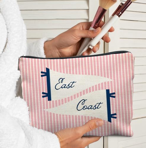 Pink Striped Makeup Bag for Women - Coastal Cosmetic Pouch