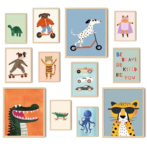Cartoon Animal & Vehicle Canvas Wall Art - 12Pcs Nursery Decor