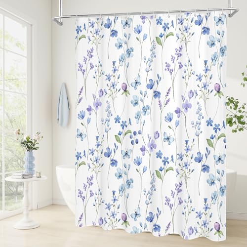 Litabel Watercolor Floral Shower Curtain - Blue Butterfly Design, 72x72 Waterproof