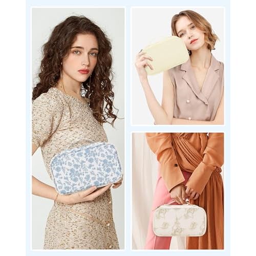 Relavel Travel Makeup Bag, Small Floral Cosmetic Bag with Makeup Brush Compartment, Portable Makeup Pouch for Women, Double Layer Makeup Organizer Bag Cute Toiletry Bag