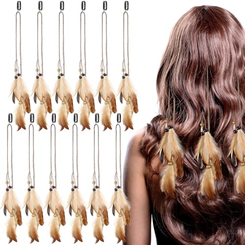 Geyoga 12 Pcs Brown Feather Hair Clips - Boho Style Extensions