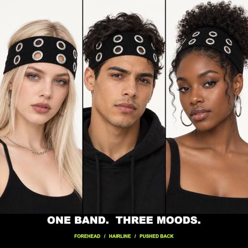 JENSVOIR Wide Black Grommet Headband for Women & Men – Eyelet Hair Band, Pack of 1