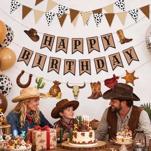 Western Birthday Decorations Set - Cowboy Happy Birthday Banner & Pennants