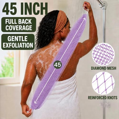 Exfoliating Bath Sponge Set - 5 Pack 45-Inch Nylon Net Scrubbers in Green, Gray, Brown, Black, Purple