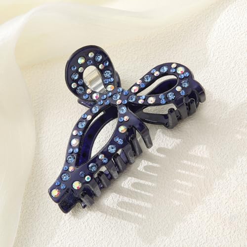 AWAYTR Navy Rhinestone Bow Claw Clip for Thick Hair, 4.3"