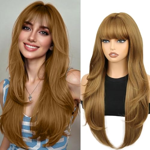 SUKRI Honey Blonde Wavy Long Wig with Bangs - 26 Inch Layered Hair for Women, Heat-Resistant Fiber, Beginner Friendly