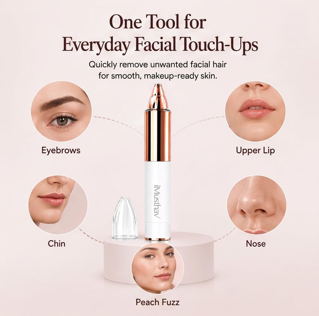 iMusthav Eyebrow Trimmer for Women, Precise & Painless Eyebrow Razor with LED Light, Electric Facial Hair Remover for Flawless Brows, Lip & Face, Battery Operated, Travel-Friendly, Gold-Plated Design