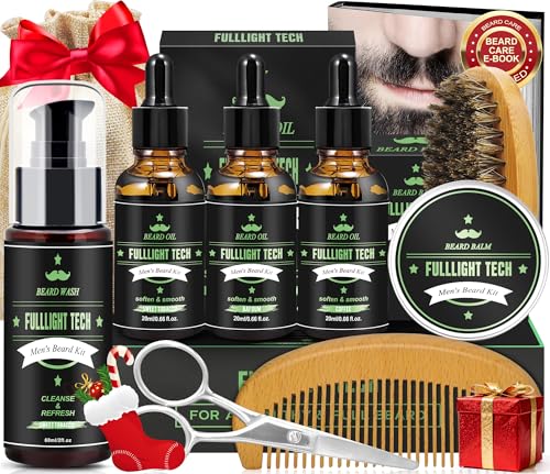 FULLLIGHT TECH Beard Kit with 3 Scented Oils, Sweet Tobacco Wash & Balm - Bay Rum, Coffee, Sweet Tobacco, 5 Fl Oz